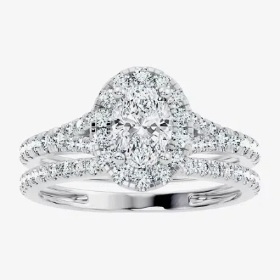 Modern Bride (g / Vs2-si1) Womens 1 Ct. T.w. Lab Grown White Diamond 10k Gold Oval Side Stone Halo Bridal Set In Metallic