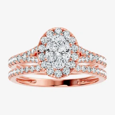 Modern Bride (g / Vs2-si1) Womens 1 Ct. T.w. Lab Grown White Diamond 10k Gold Oval Side Stone Halo Bridal Set In Pink