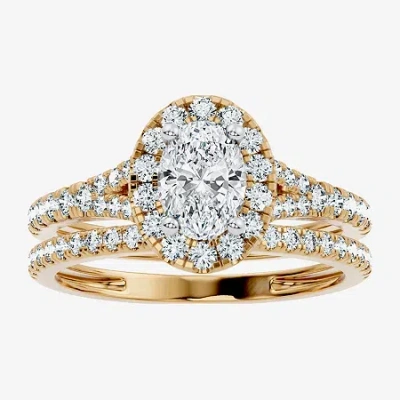 Modern Bride (g / Vs2-si1) Womens 1 Ct. T.w. Lab Grown White Diamond 10k Gold Oval Side Stone Halo Bridal Set In Yellow