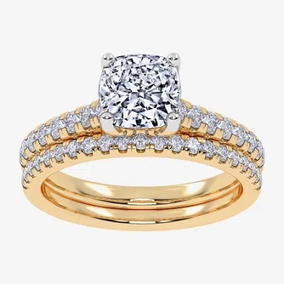Modern Bride (g / Vs2-si1) Womens 2 1/2 Ct. T.w. Lab Grown White Diamond 10k Gold Cushion Side Stone Bridal Set In Yellow
