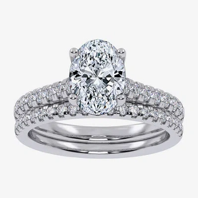 Modern Bride (g / Vs2-si1) Womens 2 1/2 Ct. T.w. Lab Grown White Diamond 10k Gold Oval Side Stone Bridal Set