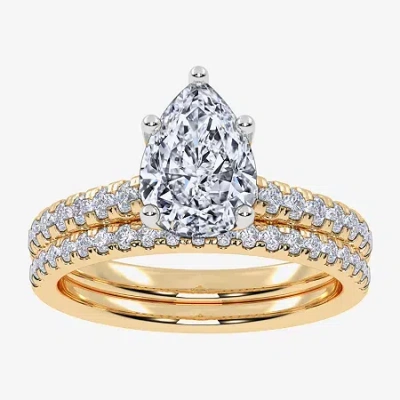 Modern Bride (g / Vs2-si1) Womens 2 1/2 Ct. T.w. Lab Grown White Diamond 10k Gold Pear Side Stone Bridal Set In Yellow