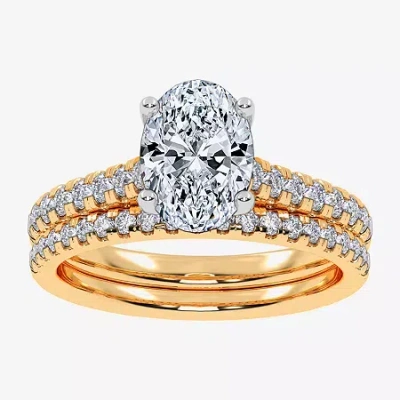 Modern Bride (g / Vs2-si1) Womens 3 1/2 Ct. T.w Lab Grown White Diamond 10k Gold Oval Side Stone Bridal Set In Yellow