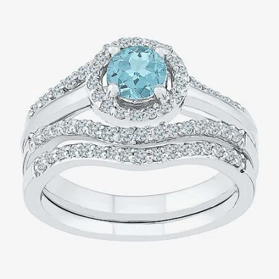 Modern Bride Gemstone Genuine Aquamarine & 1/2 Ct. T.w Diamond Sterling Silver Bridal Set In Blue