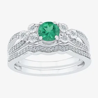 Modern Bride Gemstone Lab Created Emerald & 1/5 Ct. T.w. Diamond Sterling Silver Bridal Set