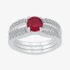 Modern Bride Gemstone Lab Created Ruby & Lab Created Sapphire Sterling Silver Bridal Set In Red