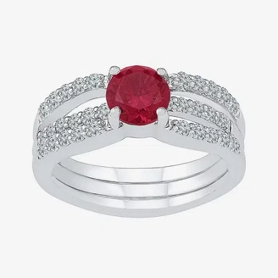 Modern Bride Gemstone Lab Created Ruby & Lab Created Sapphire Sterling Silver Bridal Set In Red