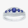 Modern Bride Gemstone Lab Created Sapphire & 1/4 Ct. T.w. Diamond Sterling Silver Bridal Set In Silver