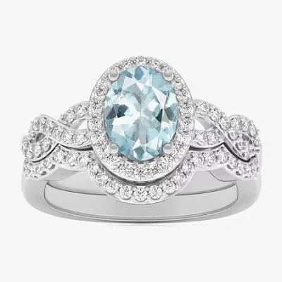 Modern Bride Gemstone Womens 1/2 Ct. T.w. Genuine Blue Topaz 10k White Gold Oval Side Stone Crossover Engagement  In Silver