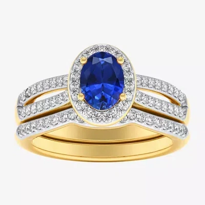 Modern Bride Gemstone Womens 1/2 Ct. T.w. Lead Glass-filled Red Ruby 10k Gold Oval Side Stone Halo Engagement Rin In Blue