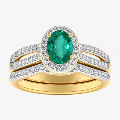 Modern Bride Gemstone Womens 1/2 Ct. T.w. Lead Glass-filled Red Ruby 10k Gold Oval Side Stone Halo Engagement Rin