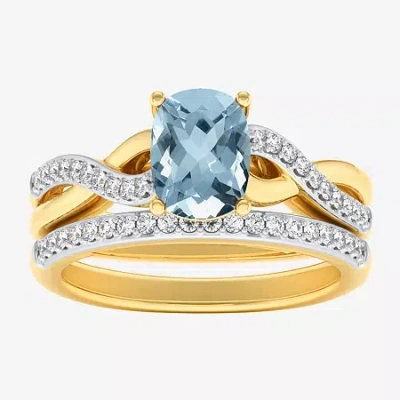 Modern Bride Gemstone Womens 1/3 Ct. T.w. Genuine Blue Aquamarine 10k Gold Cushion Side Stone Crossover Bridal Se