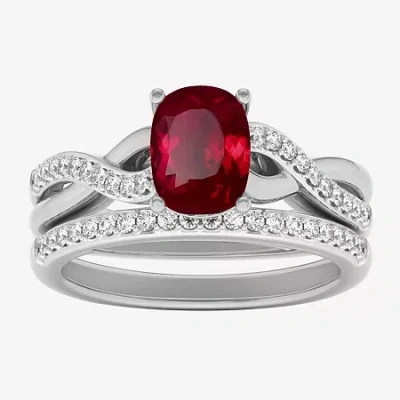 Modern Bride Gemstone Womens 1/3 Ct. T.w. Genuine Red Garnet 10k White Gold Cushion Side Stone Crossover Bridal S In Silver