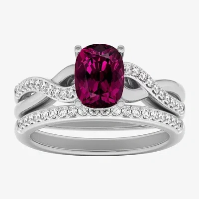 Modern Bride Gemstone Womens 1/3 Ct. T.w. Genuine Red Garnet 10k White Gold Cushion Side Stone Crossover Bridal S In Silver
