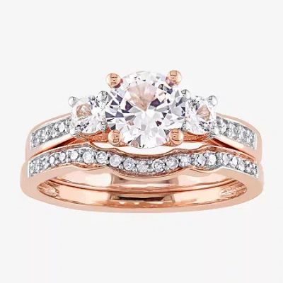 Modern Bride Gemstone Womens 1/8 Ct. T.w. Lab Created White Sapphire 10k Rose Gold Round 3-stone Bridal Set In Pink