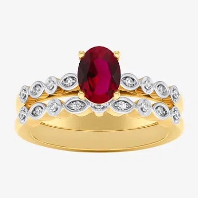 Modern Bride Gemstone Womens 1/8 Ct. T.w. Lead Glass-filled Red Ruby 10k Gold Oval Side Stone Bridal Set
