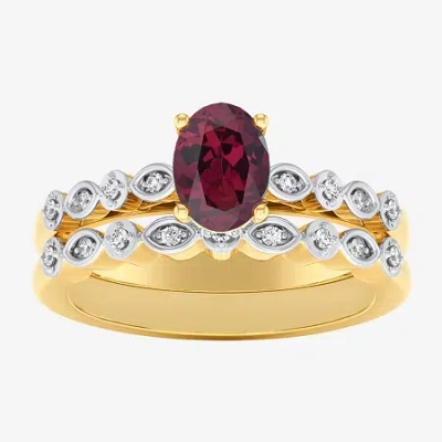 Modern Bride Gemstone Womens 1/8 Ct. T.w. Lead Glass-filled Red Ruby 10k Gold Oval Side Stone Bridal Set