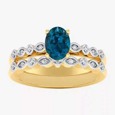 Modern Bride Gemstone Womens 1/8 Ct. T.w. Lead Glass-filled Red Ruby 10k Gold Oval Side Stone Bridal Set In Blue