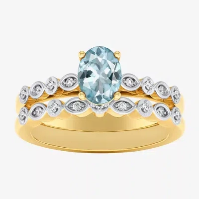 Modern Bride Gemstone Womens 1/8 Ct. T.w. Lead Glass-filled Red Ruby 10k Gold Oval Side Stone Bridal Set In Blue