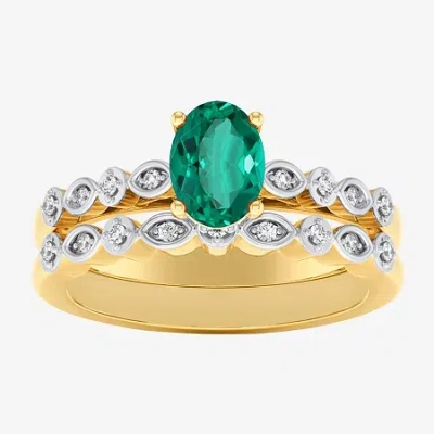 Modern Bride Gemstone Womens 1/8 Ct. T.w. Lead Glass-filled Red Ruby 10k Gold Oval Side Stone Bridal Set In Green