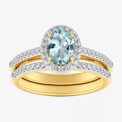 Modern Bride Gemstone Womens 3/8 Ct. T.w. 10k Gold Oval Side Stone Halo Engagement Ring In Blue