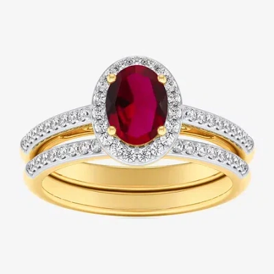 Modern Bride Gemstone Womens 3/8 Ct. T.w. 10k Gold Oval Side Stone Halo Engagement Ring
