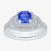 Modern Bride Gemstone Womens Blue & White Lab Created Sapphire Sterling Silver Bridal Set In Silver
