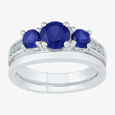 Modern Bride Gemstone Womens Blue & White Lab Created Sapphire Sterling Silver Bridal Set
