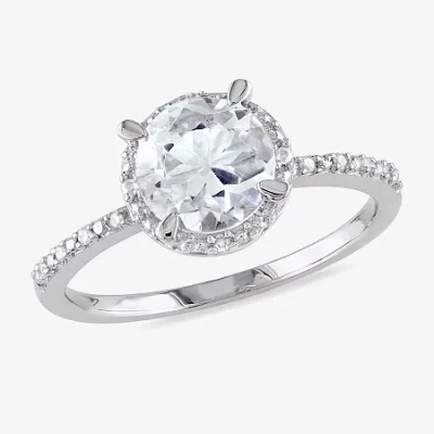 Modern Bride Gemstone Womens Diamond Accent Genuine Blue Aquamarine Sterling Silver Round Side Stone Halo Engagem In Burgundy