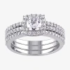 Modern Bride Gemstone Womens Diamond Accent Lab Created White Sapphire Sterling Silver Cushion Halo Bridal Set In Silver