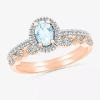Modern Bride Gemstone Womens Genuine Blue Aquamarine 14k Rose Gold Oval Bridal Set In Gold