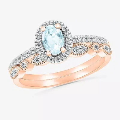 Modern Bride Gemstone Womens Genuine Blue Aquamarine 14k Rose Gold Oval Bridal Set