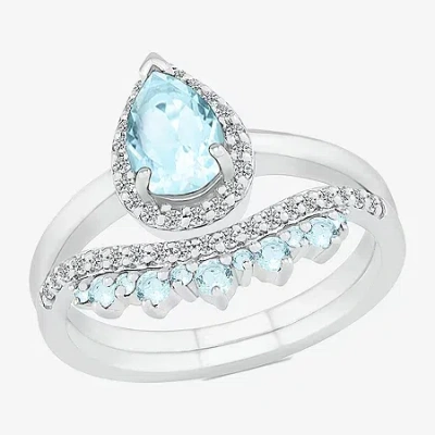 Modern Bride Gemstone Womens Genuine Blue Aquamarine 14k White Gold Pear Bridal Set
