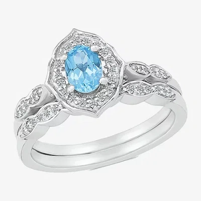 Modern Bride Gemstone Womens Genuine Blue Topaz 14k White Gold Oval Bridal Set In Silver