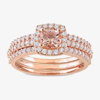 Modern Bride Gemstone Womens Genuine Pink Morganite 18k Rose Gold Over Silver Cushion Side Stone Halo Bridal Set