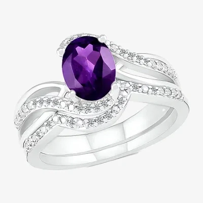 Modern Bride Gemstone Womens Genuine Purple Amethyst 14k White Gold Oval Bridal Set