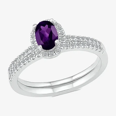 Modern Bride Gemstone Womens Genuine Purple Amethyst 14k White Gold Oval Bridal Set In Silver