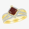 Modern Bride Gemstone Womens Genuine Red Garnet 14k Gold Diamond Bridal Set In Gold