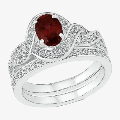 Modern Bride Gemstone Womens Genuine Red Garnet 14k White Gold Oval Bridal Set