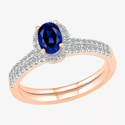 Modern Bride Gemstone Womens Lab Created Blue Sapphire 14k Rose Gold Oval Bridal Set