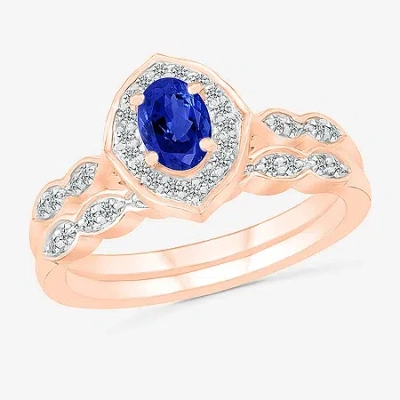 Modern Bride Gemstone Womens Lab Created Blue Sapphire 14k Rose Gold Oval Bridal Set