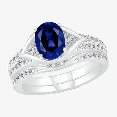 Modern Bride Gemstone Womens Lab Created Blue Sapphire 14k White Gold Oval Bridal Set