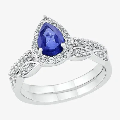 Modern Bride Gemstone Womens Lab Created Blue Sapphire 14k White Gold Pear Bridal Set