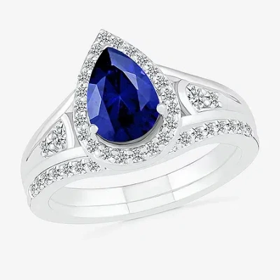 Modern Bride Gemstone Womens Lab Created Blue Sapphire 14k White Gold Pear Bridal Set