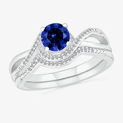 Modern Bride Gemstone Womens Lab Created Blue Sapphire 14k White Gold Round Bridal Set