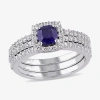 Modern Bride Gemstone Womens Lab Created Blue Sapphire Sterling Silver Cushion Halo Bridal Set In Blue