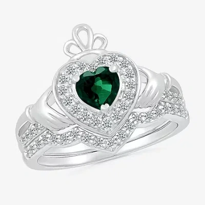 Modern Bride Gemstone Womens Lab Created Green Emerald 14k White Gold Claddagh Claddagh Bridal Set In Silver