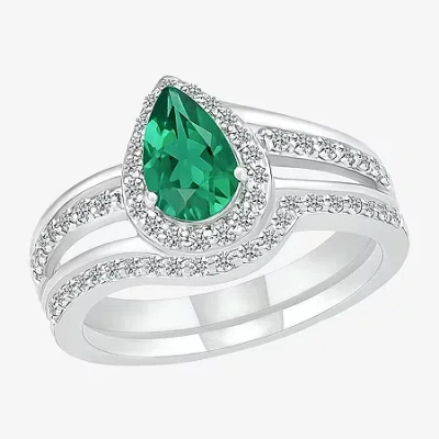 Modern Bride Gemstone Womens Lab Created Green Emerald 14k White Gold Pear Bridal Set