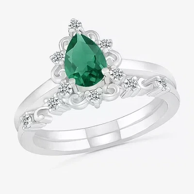 Modern Bride Gemstone Womens Lab Created Green Emerald 14k White Gold Pear Bridal Set In Metallic