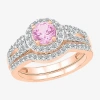 Modern Bride Gemstone Womens Lab Created Pink Sapphire 14k Rose Gold Round Bridal Set In Gold
